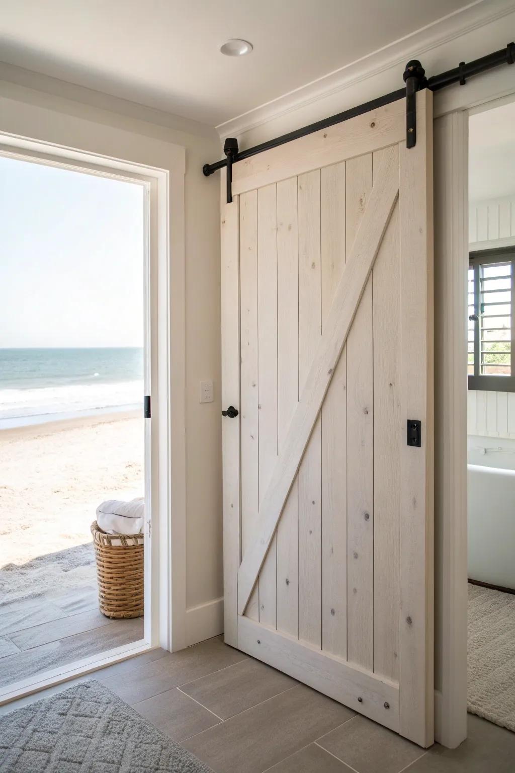 A space-saving white barn door adds effortless beach-cottage charm to your bathroom.