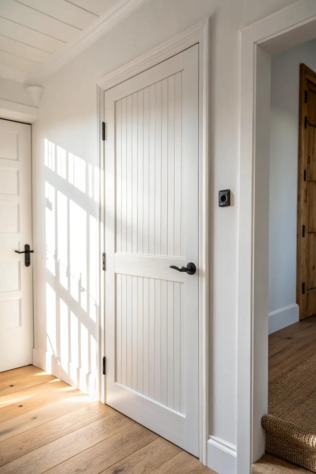 Soft white beadboard door texture meets warm oak—an easy cottage upgrade with clean Nordic calm.