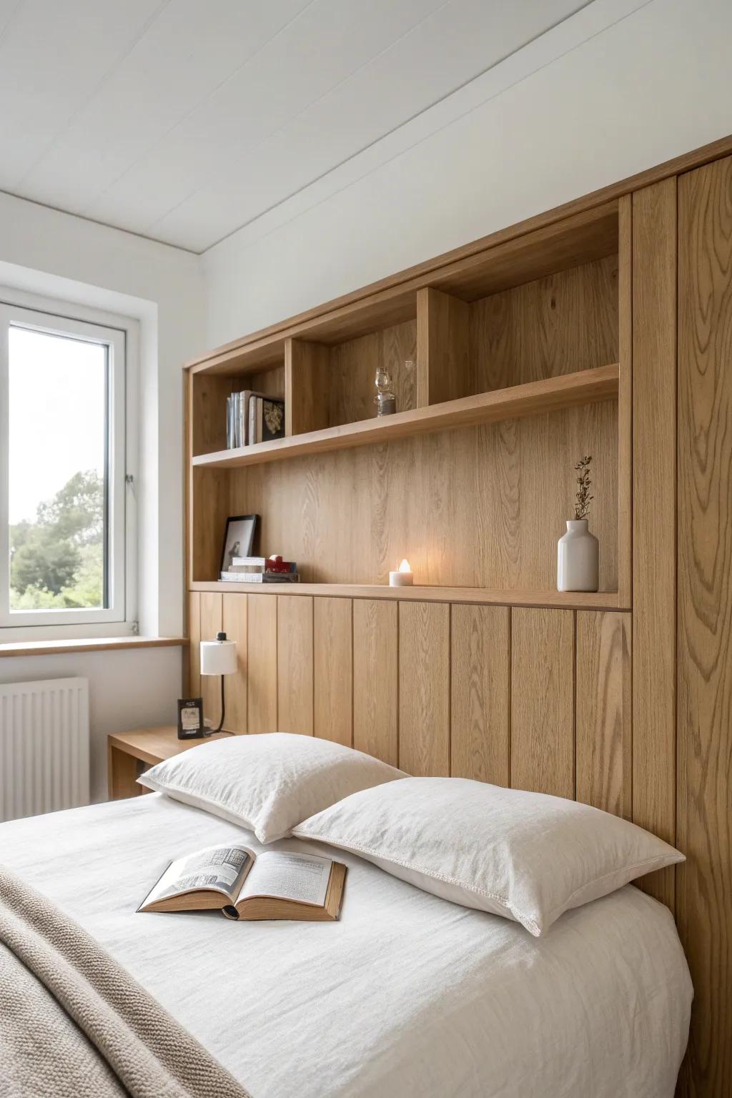 Full-width oak headboard with sleek ledges—space-saving style that replaces bulky nightstands.