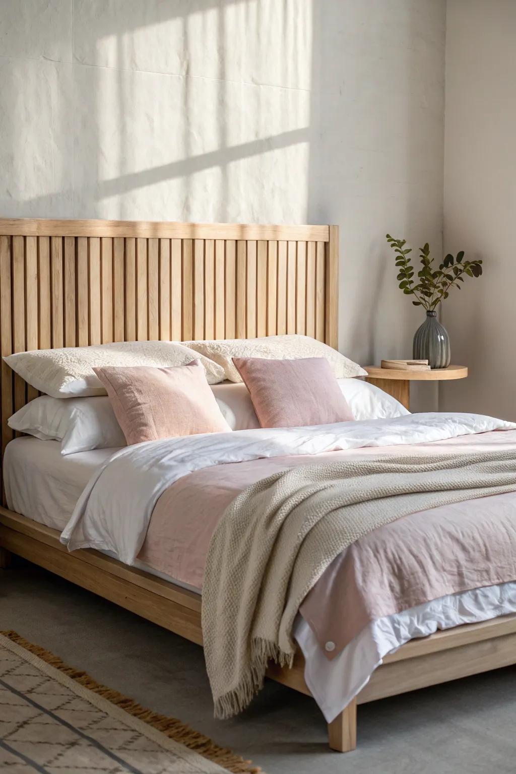Whisper-blush linen meets a light wood slat headboard—minimal, warm, and beautifully balanced.