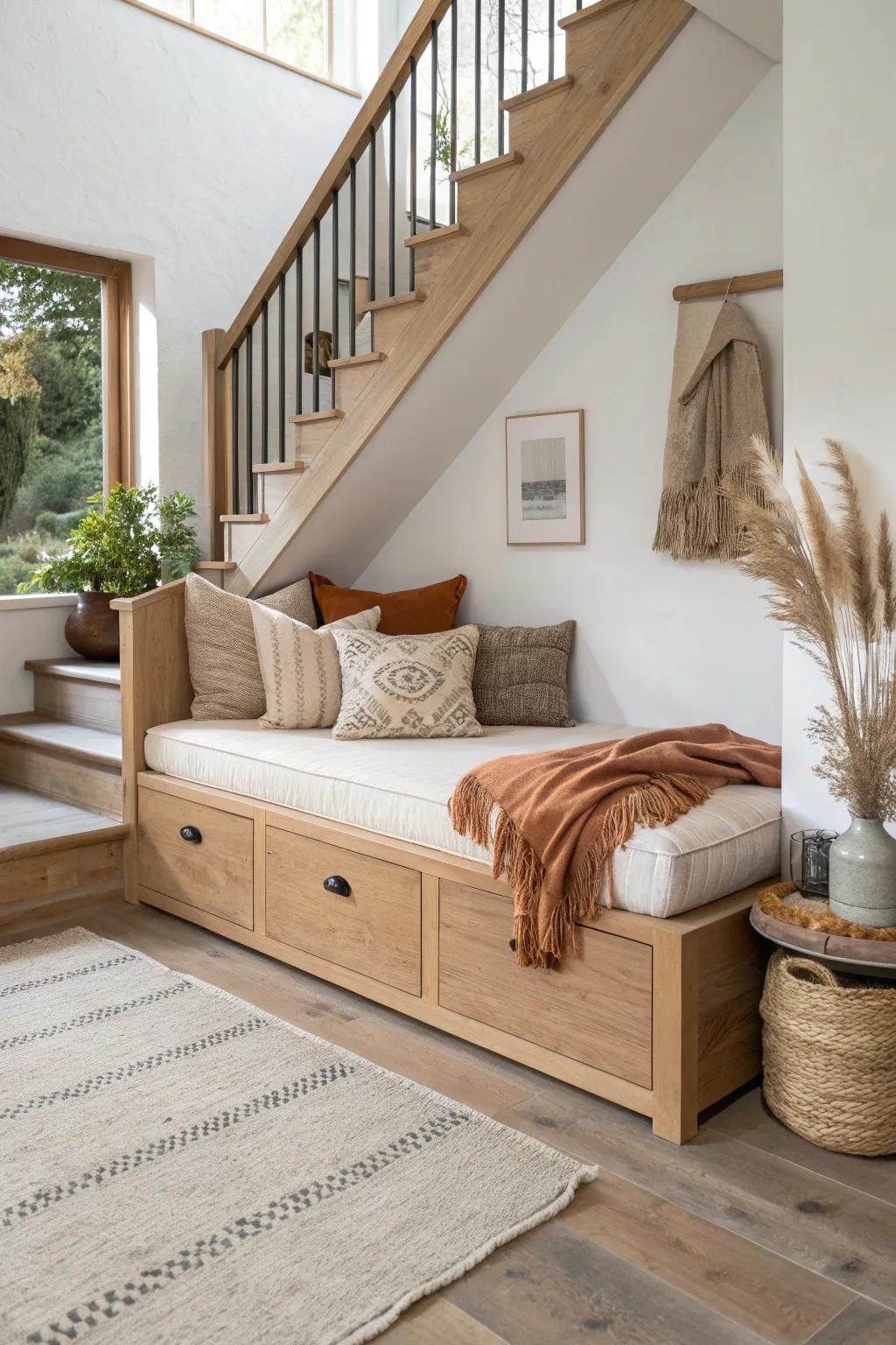 L-shaped daybed under the stairs—clean oak face frame, cozy linen cushions, lounge-ready.