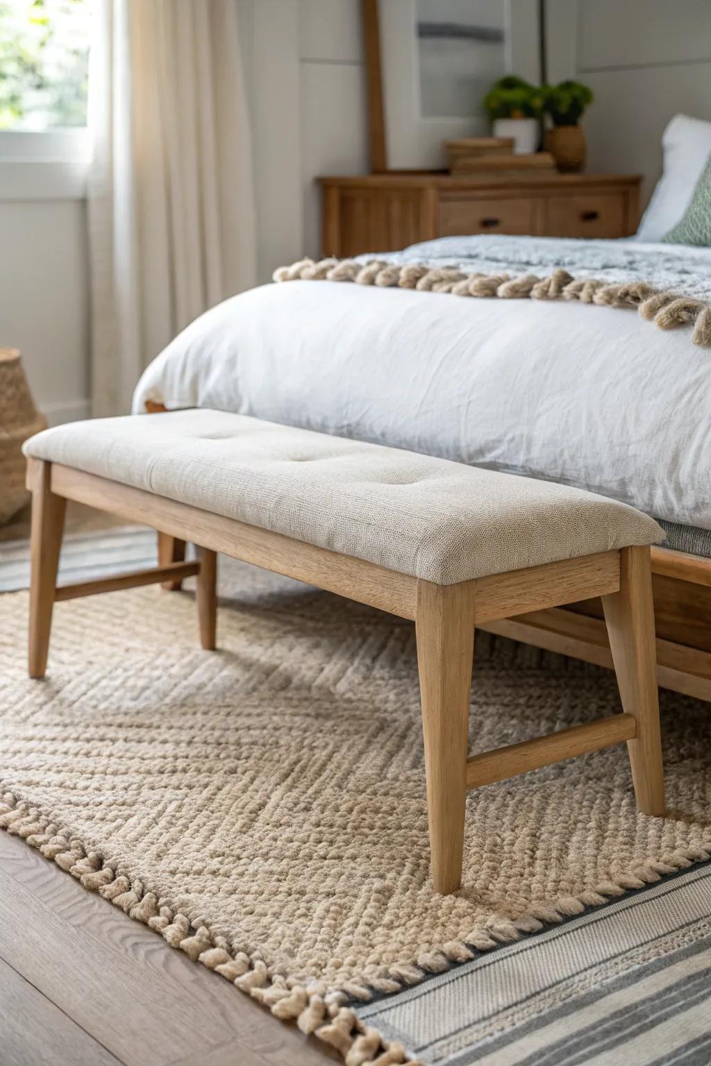 Layer a big area rug under your bench to make the foot of the bed feel like one cozy zone.