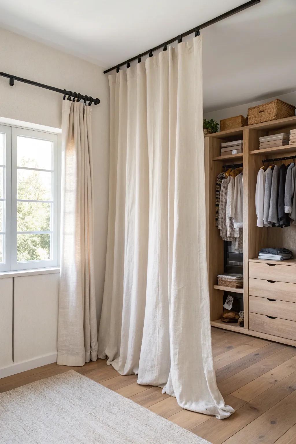 Hang linen curtains high and wide for a cozy closet that makes your bedroom feel taller.