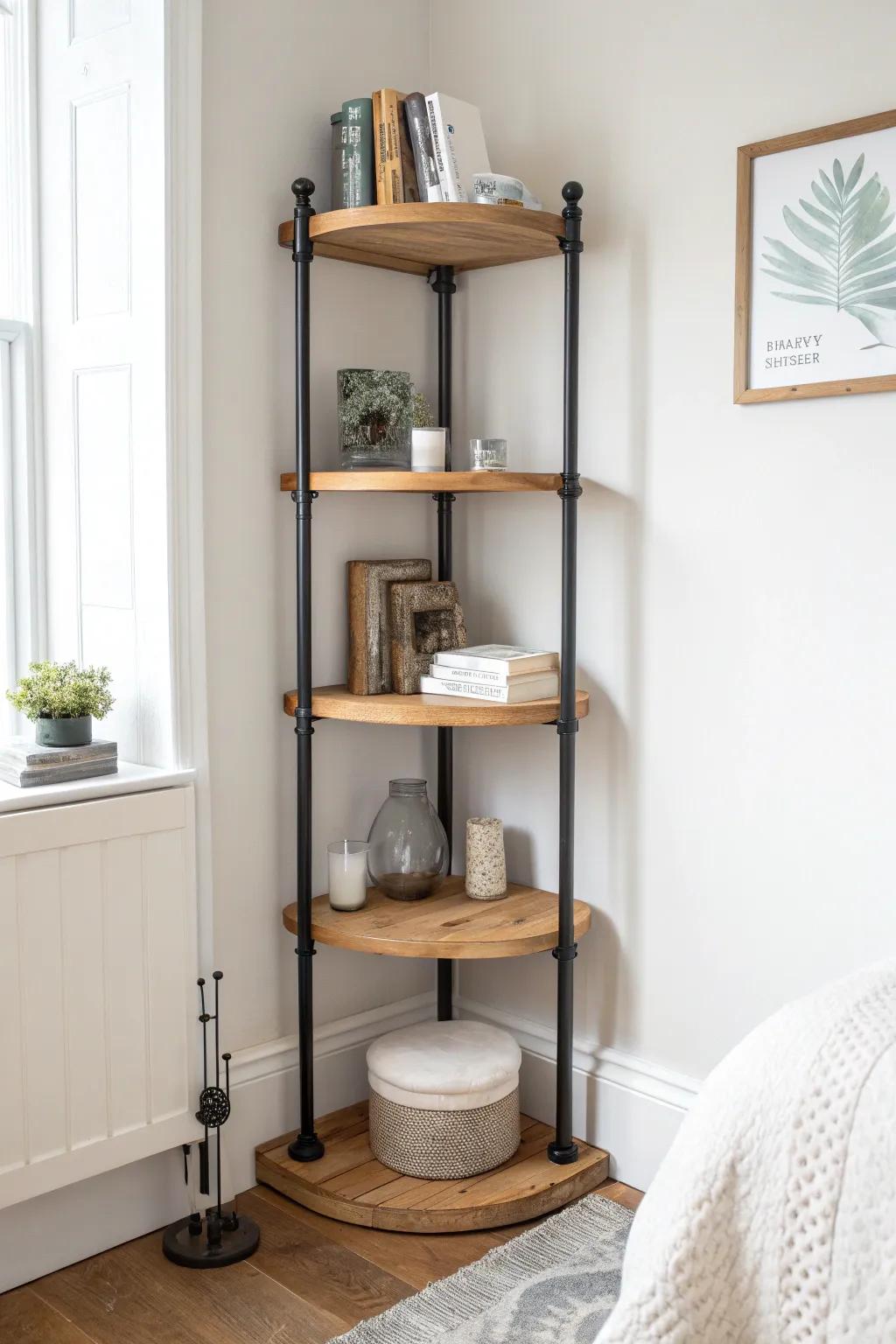DIY pipe-and-wood corner shelves: industrial strength meets soft Scandinavian bedroom style.