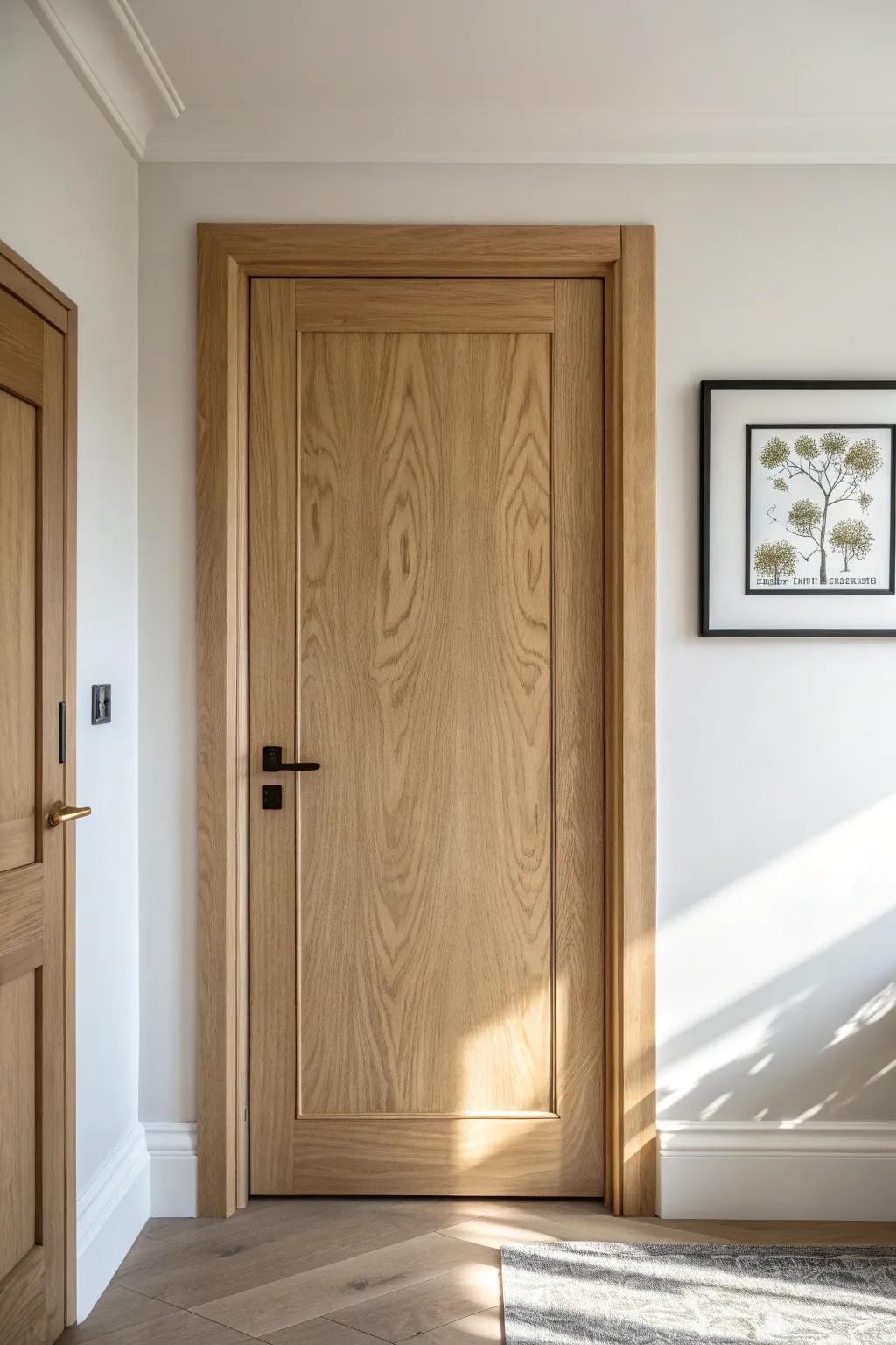 Turn your bedroom door into a mini gallery with one framed print and warm wood grain.