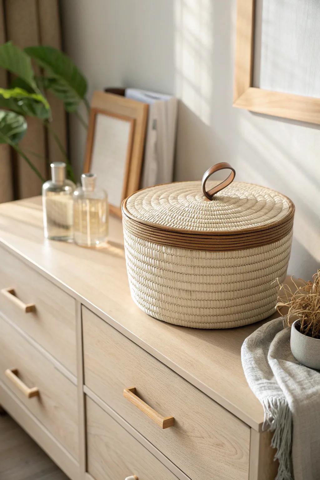 A lidded basket keeps backups hidden—so your dresser stays calm, clean, and beautiful.
