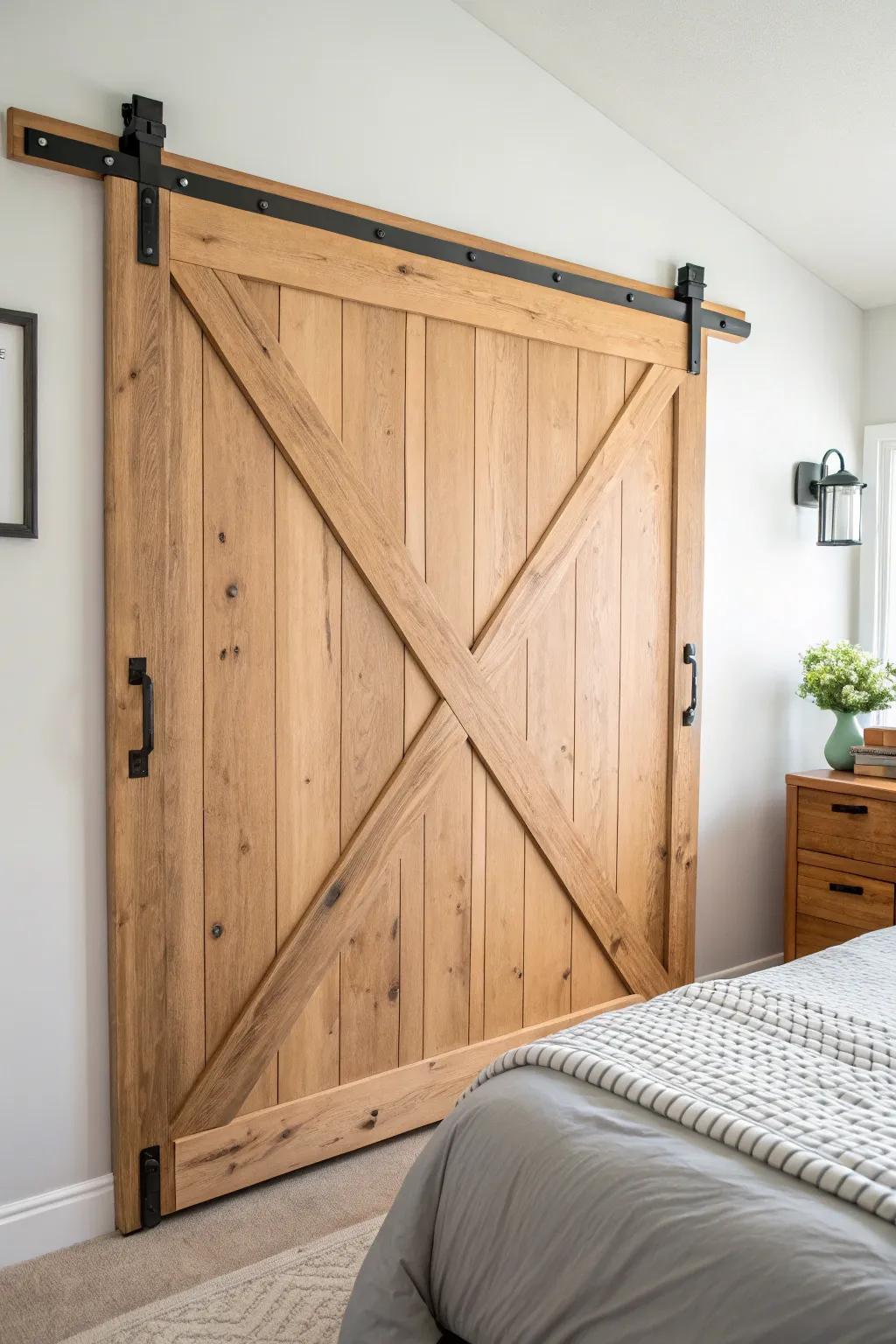 Barn-door headboard charm: warm wood grain, bold diagonal brace, and matte black hardware.