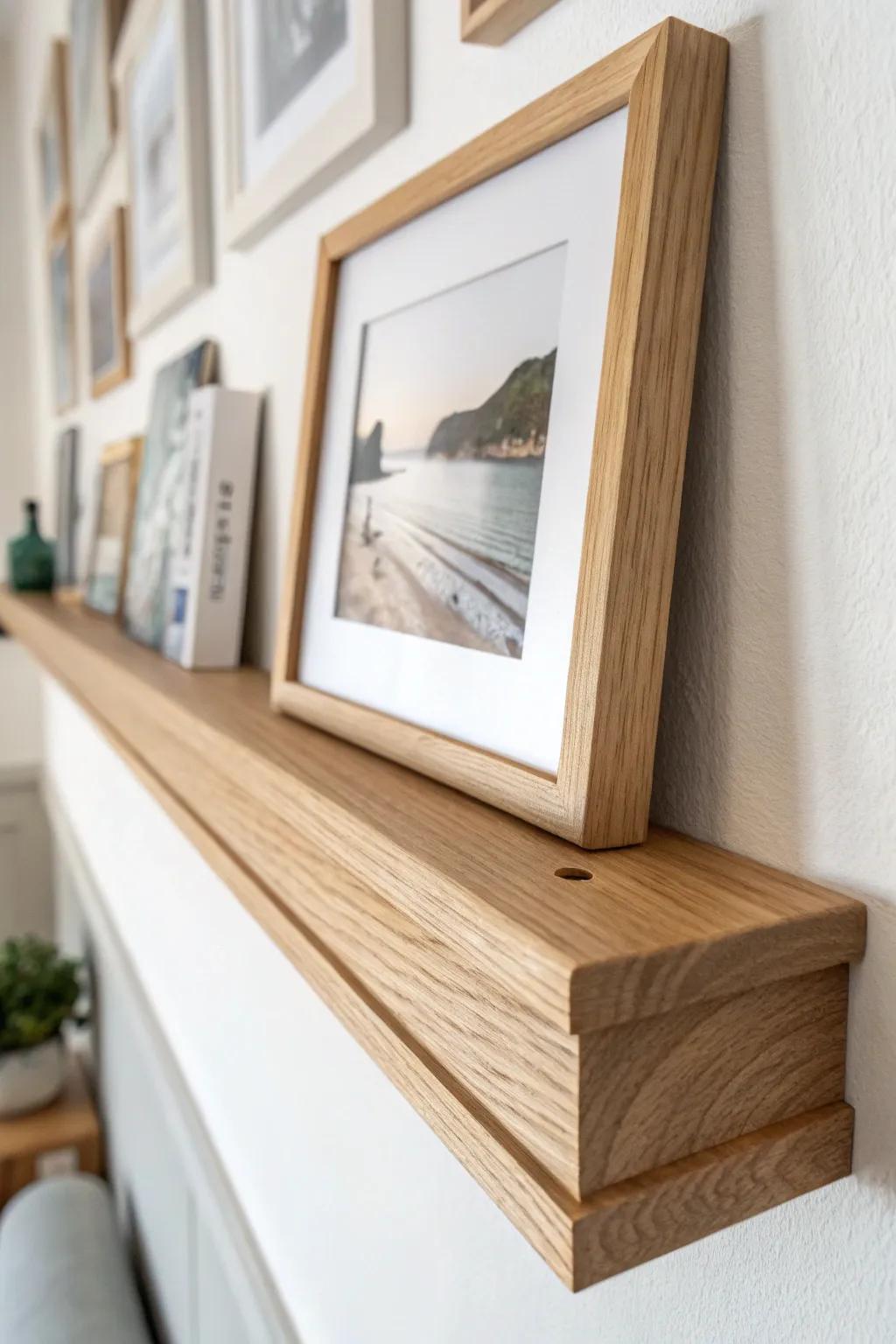 Calm bedroom styling: a maple picture ledge with a tiny lip to keep frames safely in place.