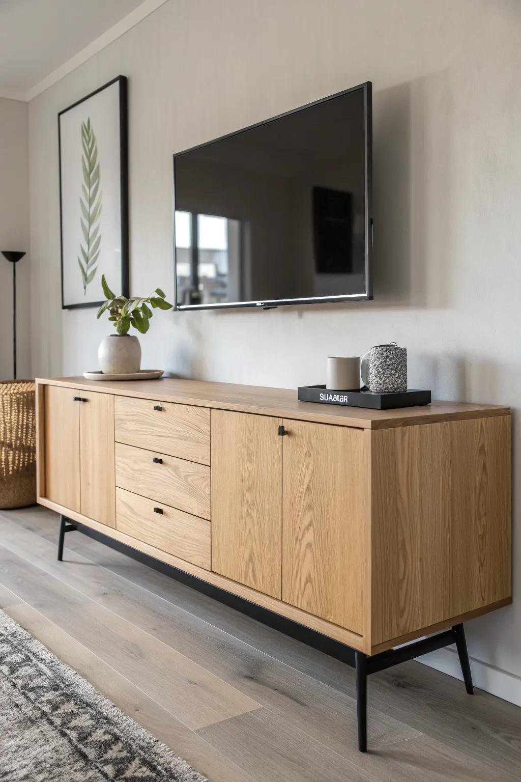Sleek oak sideboard media console—low decor, hidden cords, calm minimal bedroom lines.