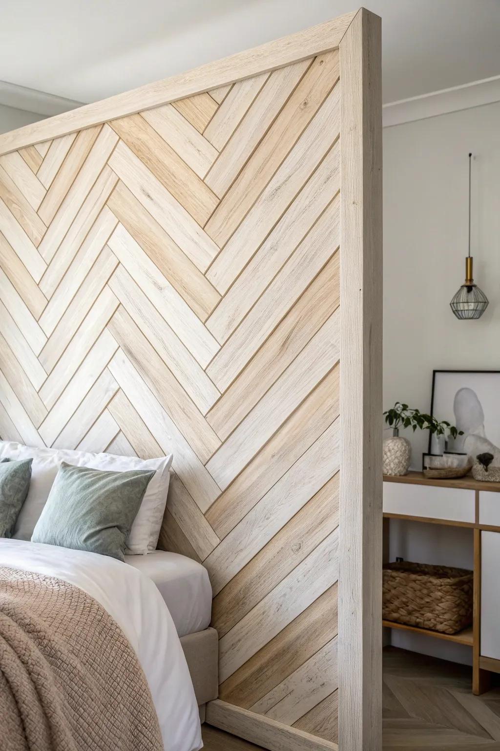 Chevron wood paneling behind the bed: tailored, warm, and effortlessly styled on its own.