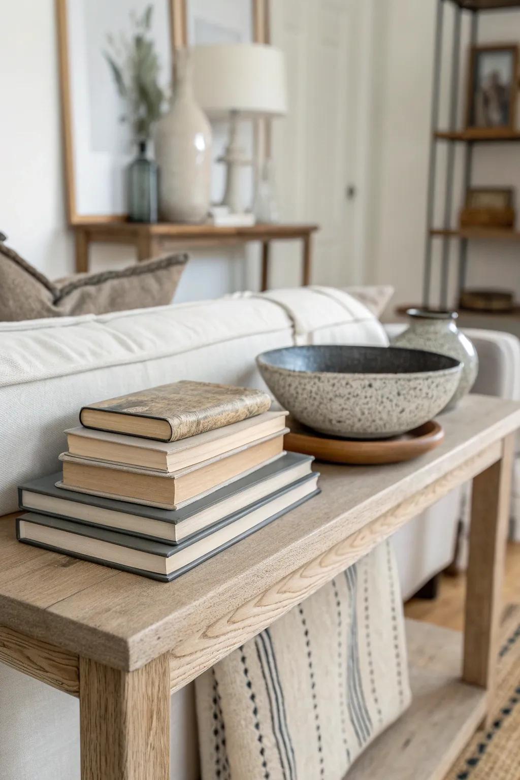 Layered books + a low ceramic bowl: an easy, chic behind-couch table look with clean sightlines.