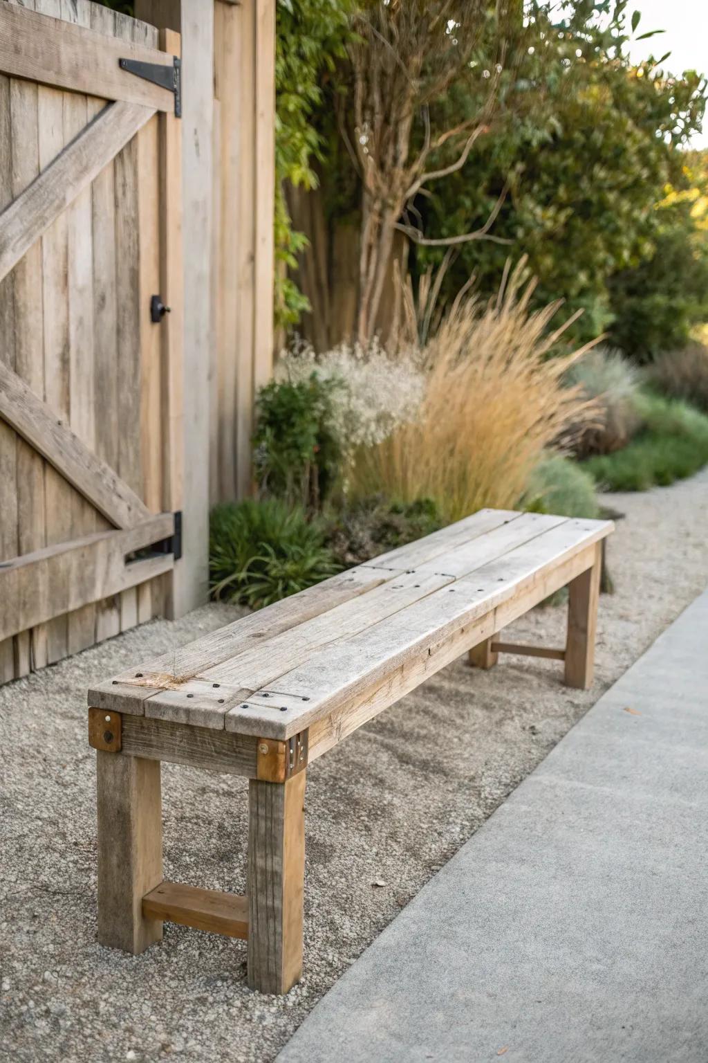 Weathered reclaimed-wood slat bench by the garden path—simple, serene, and beautifully handmade.