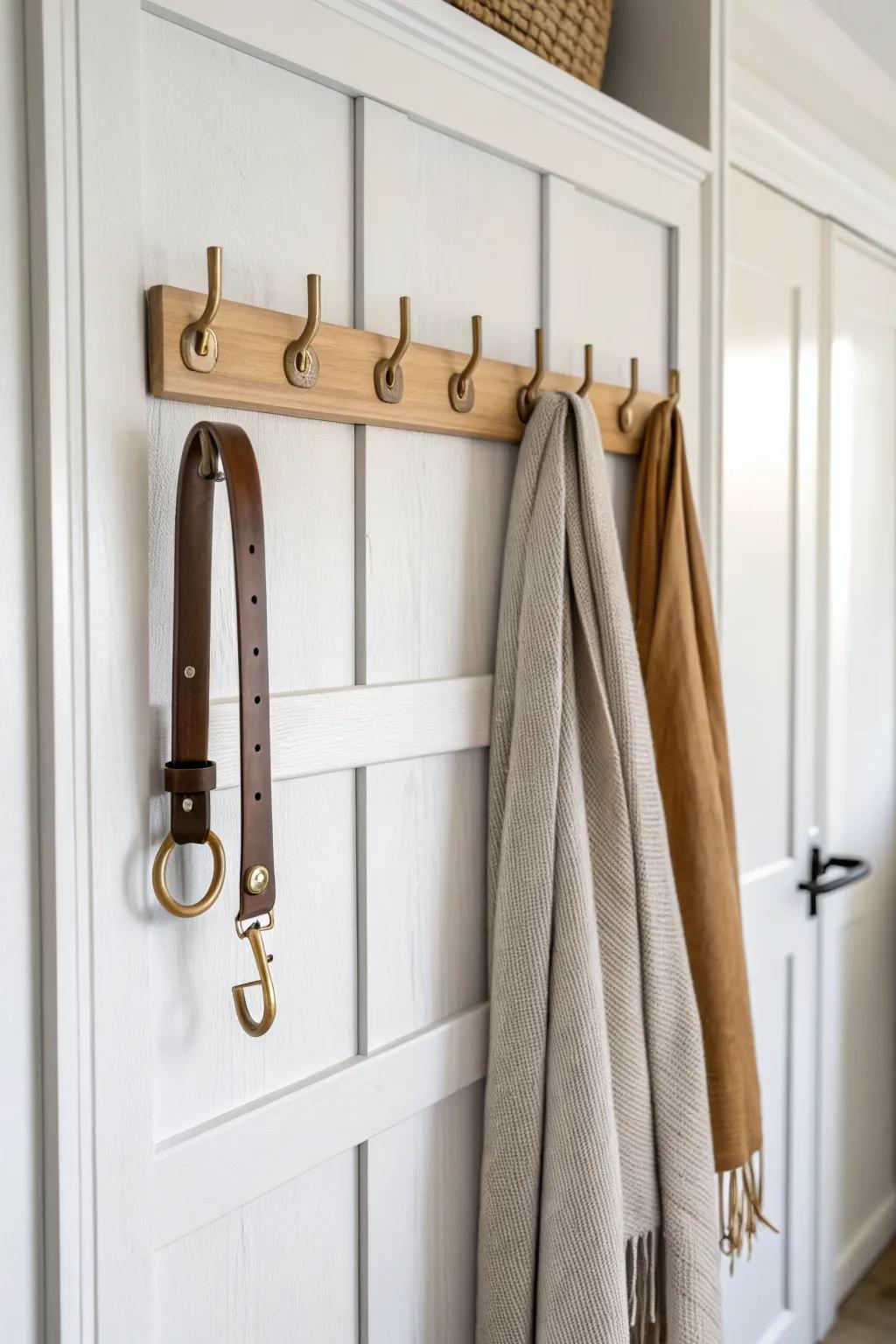 A slim oak hook rail keeps scarves and belts tidy—no snags when bifold doors fold.