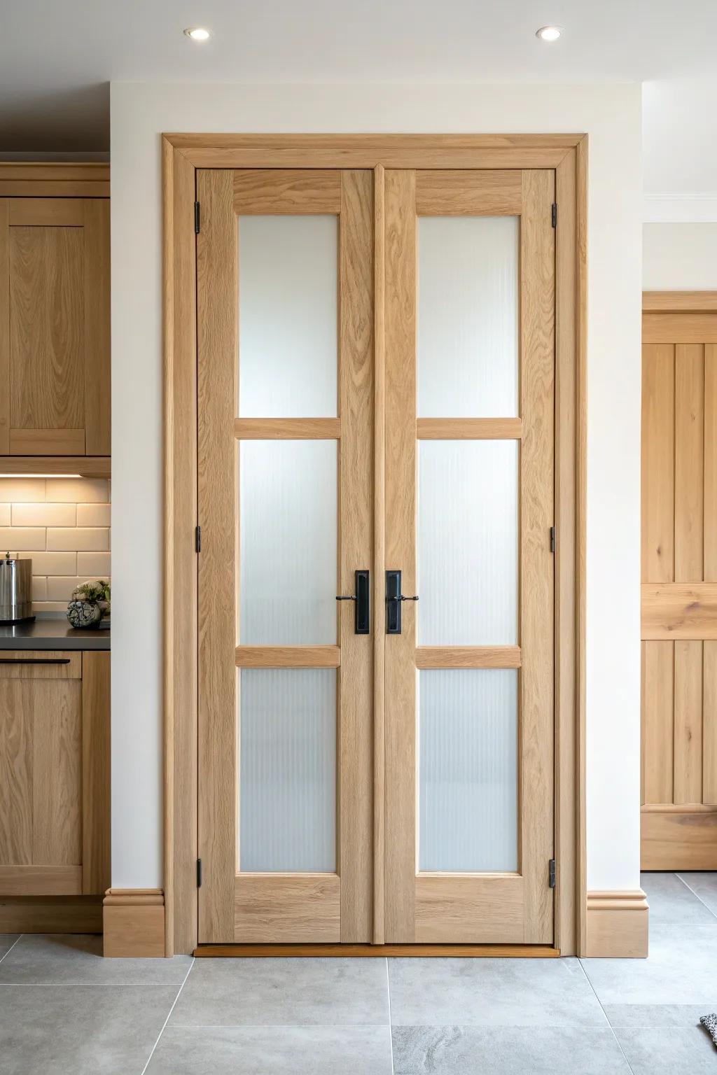Light oak pantry bifold doors with frosted glass—bright, minimal, and beautifully discreet.