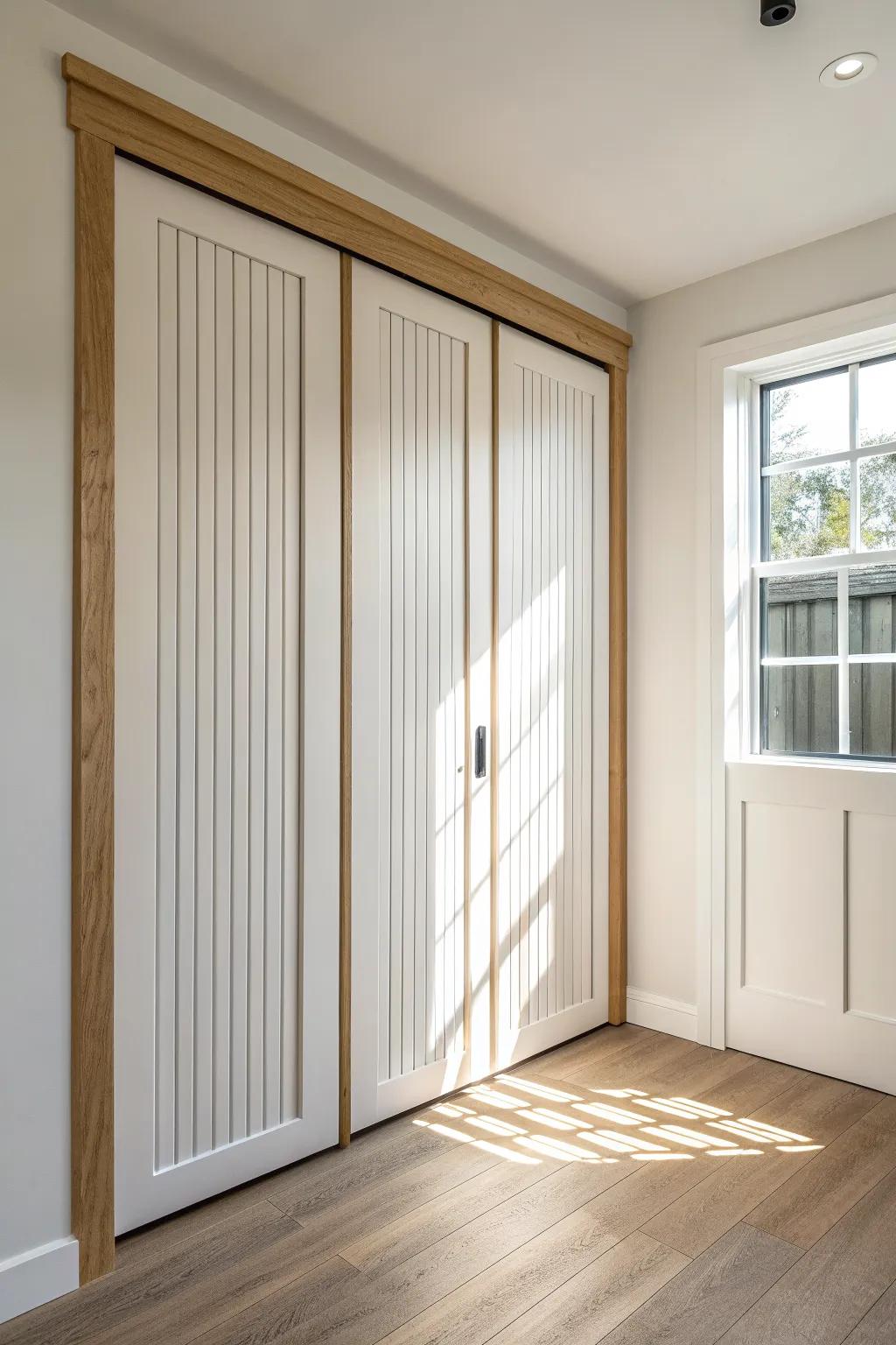 Evenly spaced battens add soft vertical texture, making bifold doors feel custom and curated.