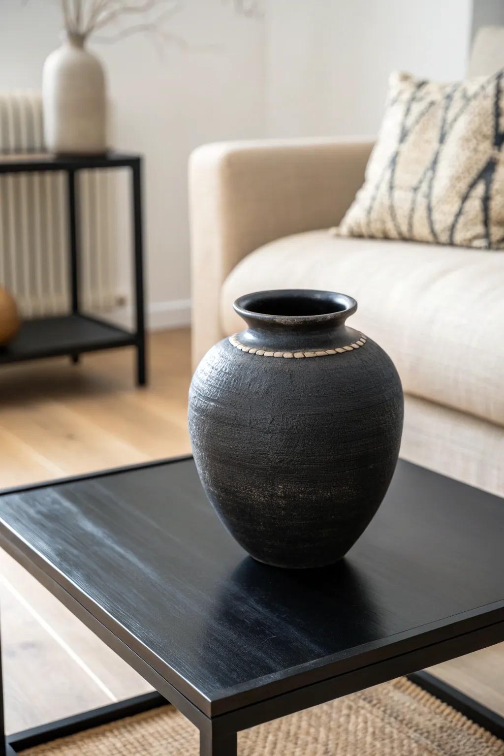 Matte meets gloss: a two-tone black vase brings texture contrast to your coffee table.