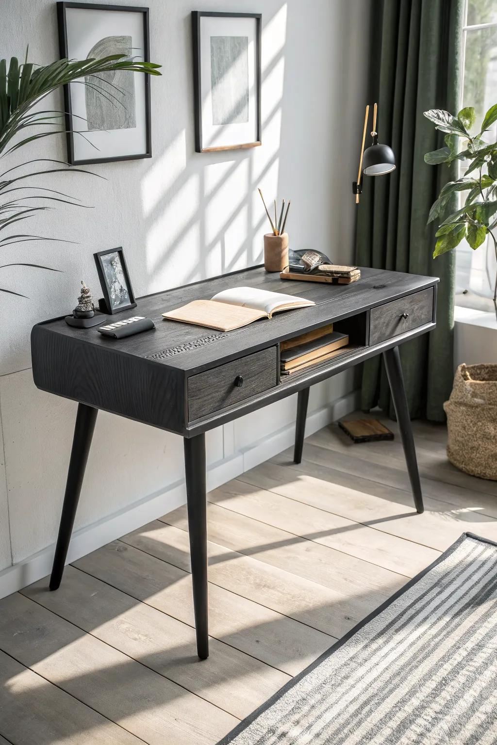 Monochrome charcoal layers: matte, satin, and soft gray textures for a rich black desk setup.