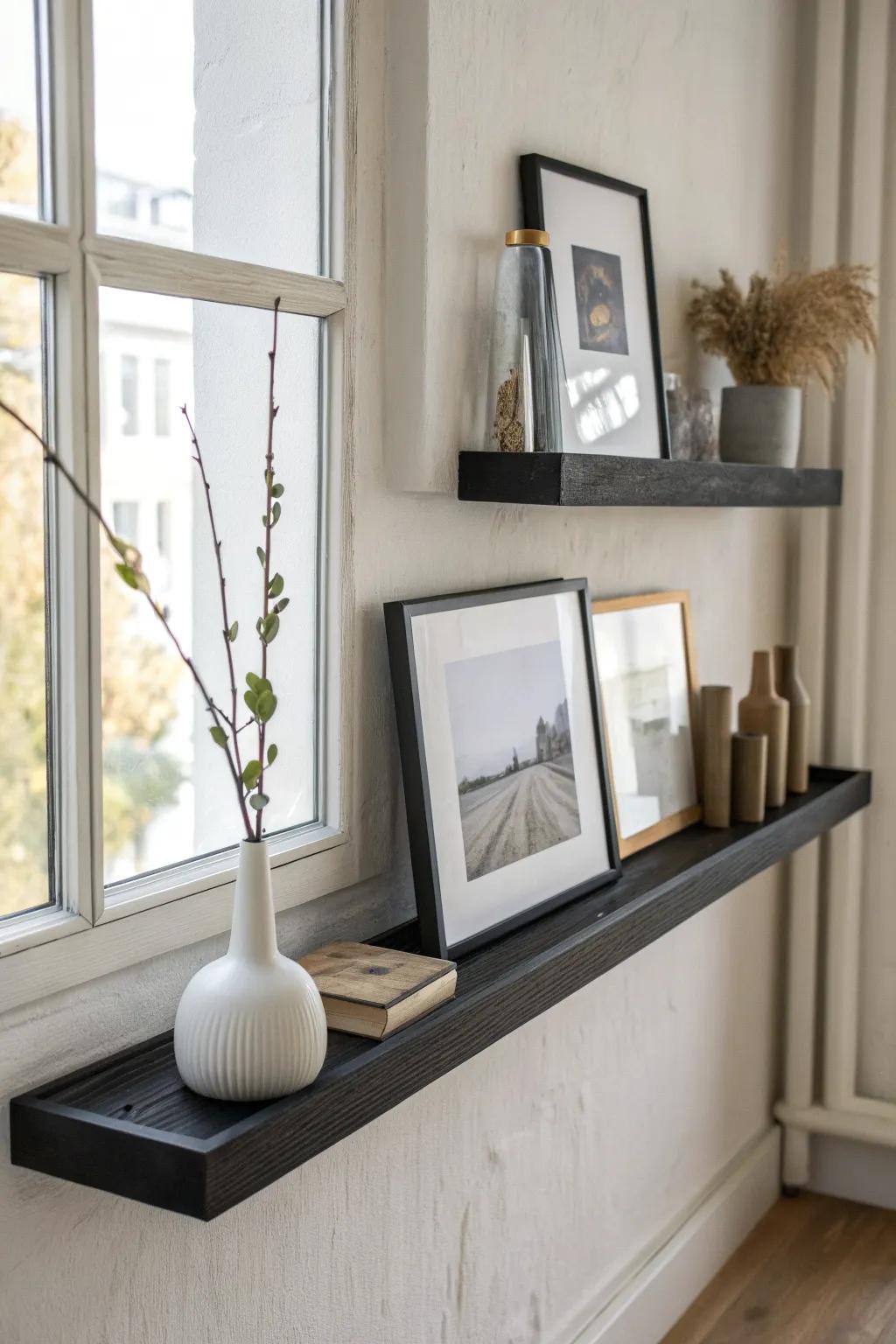 Picture-ledge black floating shelf with layered frames and a tiny vase—simple, airy gallery vibe.