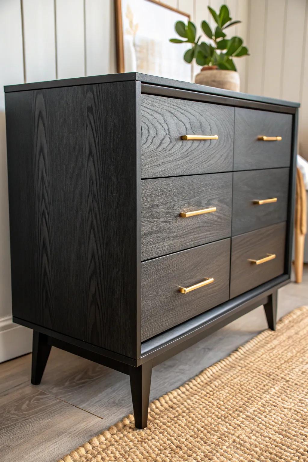 Warm brass accents make matte-black wood furniture look richer and more inviting.