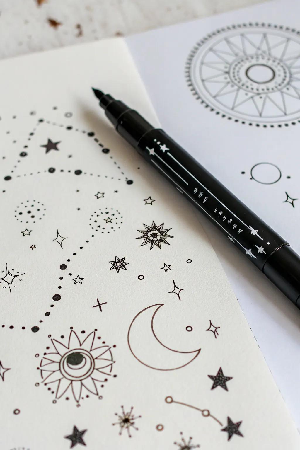 Draw the universe with just one marker: Minimalist celestial designs to inspire your creativity.