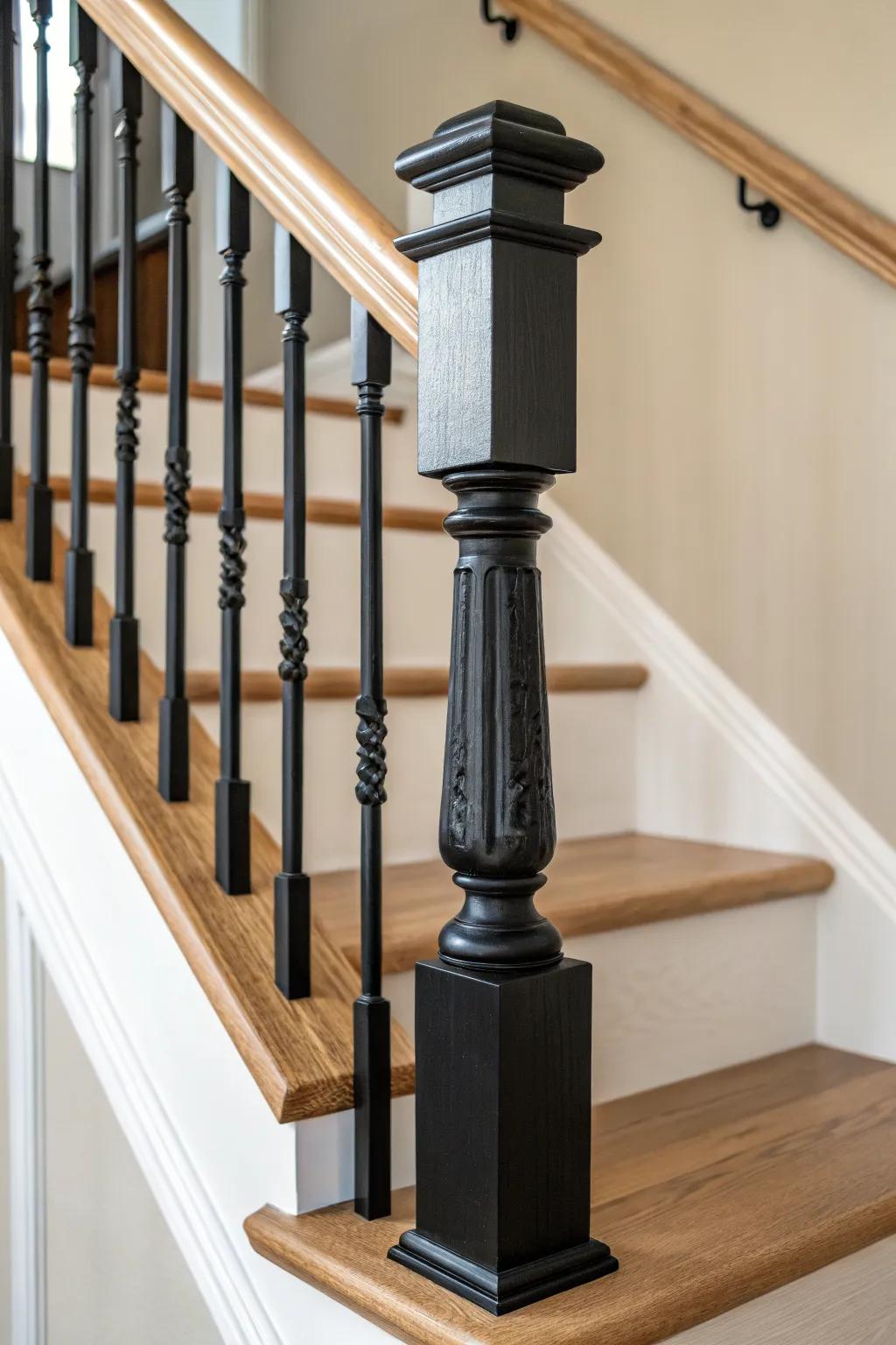 Trim ornate scrolls, then paint the banister matte black for a tailored, modern staircase.