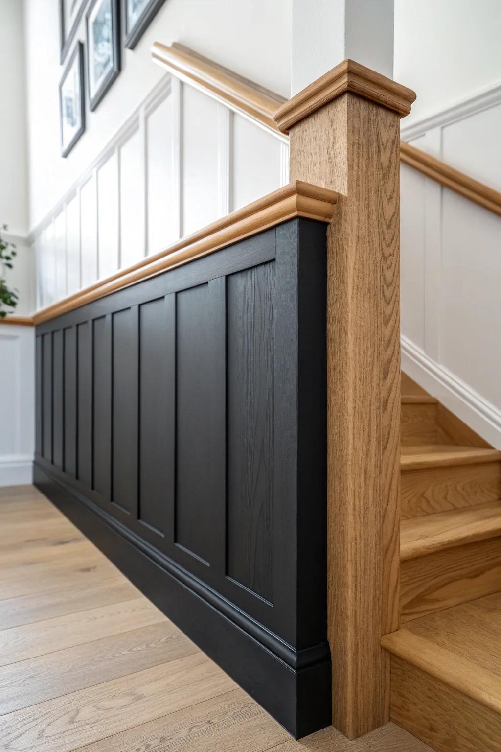 Warm oak cap rail softens black wainscoting against bright white walls—simple and timeless.