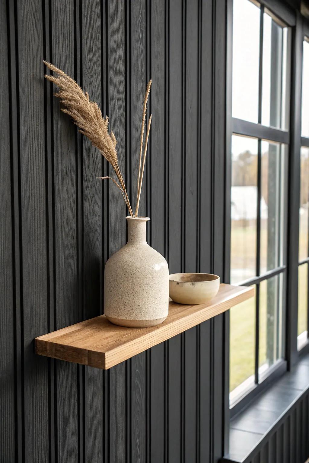 Matte black slats + a pale oak floating shelf for clean contrast and effortless styling.