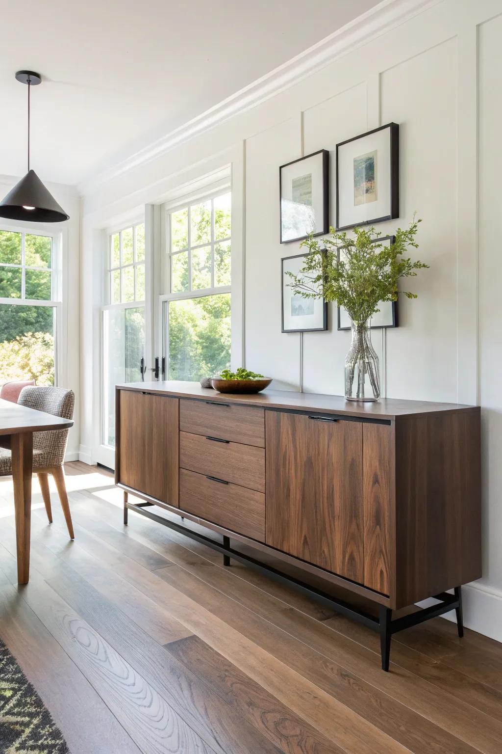 A black walnut credenza with bookmatched doors—sleek dining storage and showstopping grain.