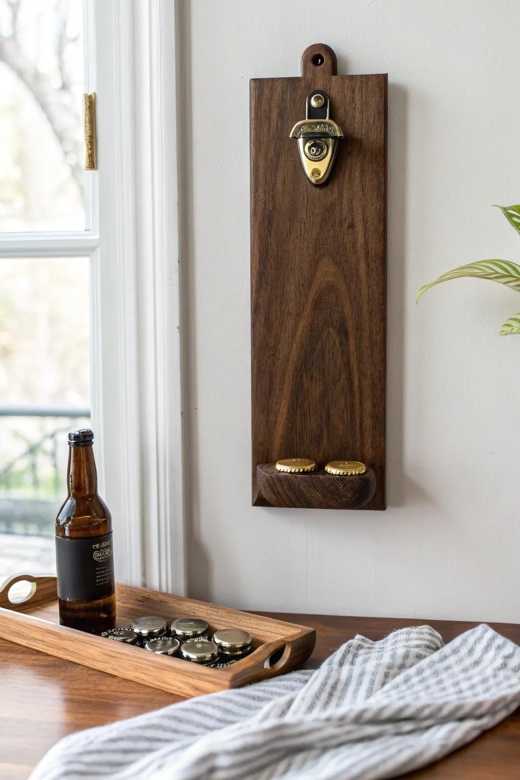 Dark walnut grain + brass hardware—this wall-mounted opener doubles as minimalist decor.