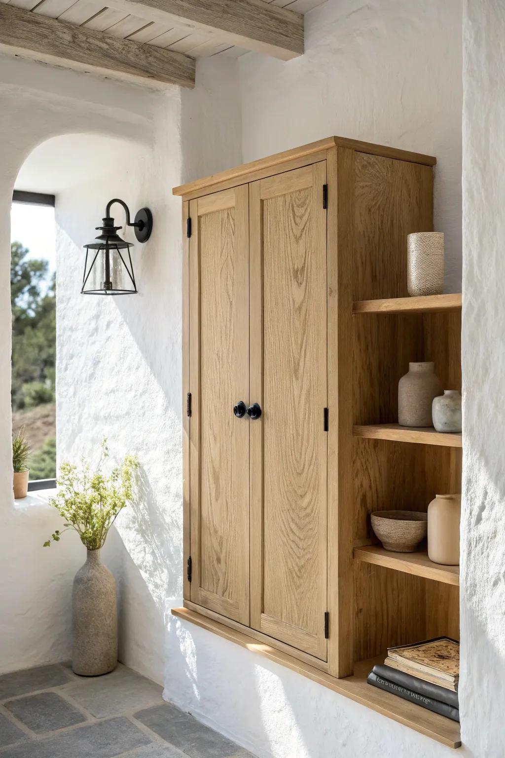 Natural oak built-in on crisp white walls, finished with matte-black pulls for contrast.