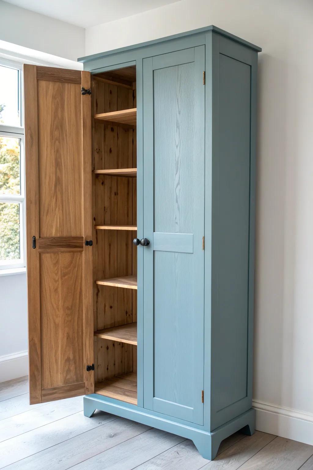 Dusty blue pantry doors with warm wood interiors—minimal, modern, and beautifully high-end.