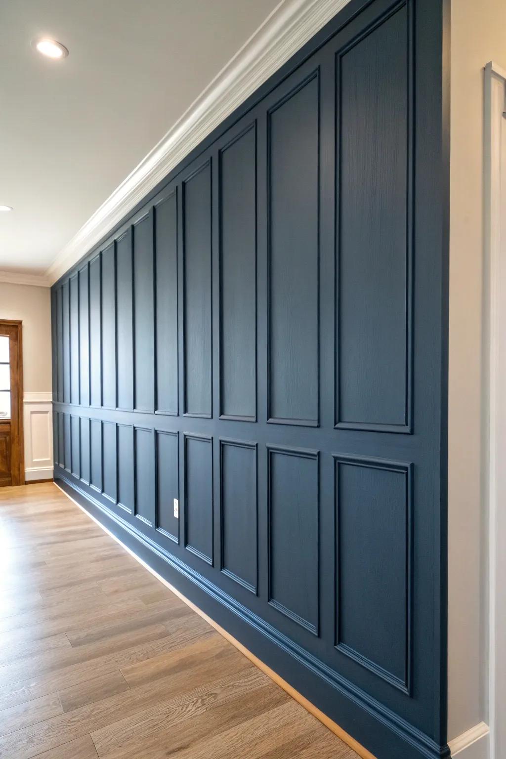 Full-height deep blue paneling adds cozy drama—clean trim and Scandinavian calm in one wall.