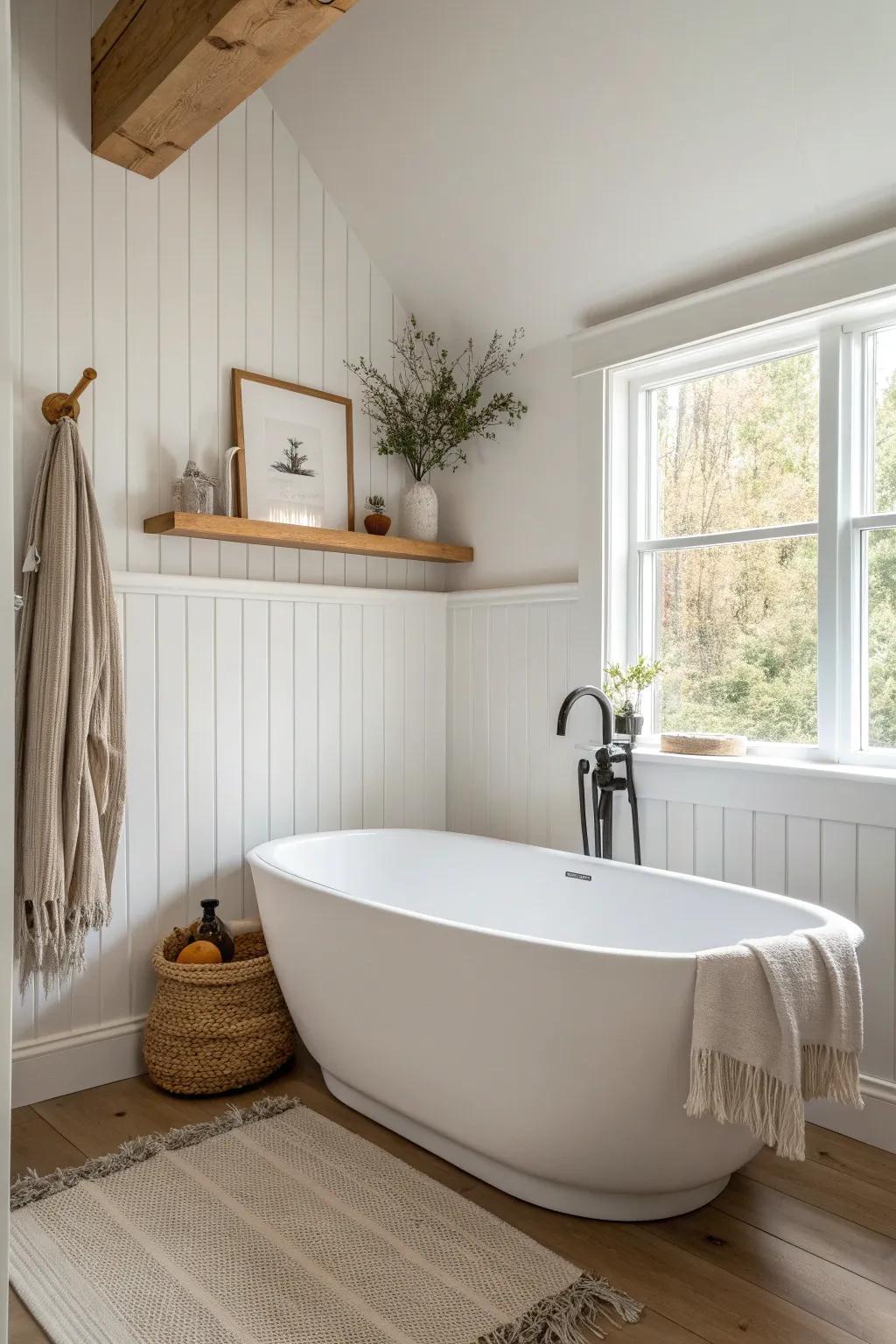A board-and-batten tub alcove turns an awkward nook into a calm, crafted focal point.