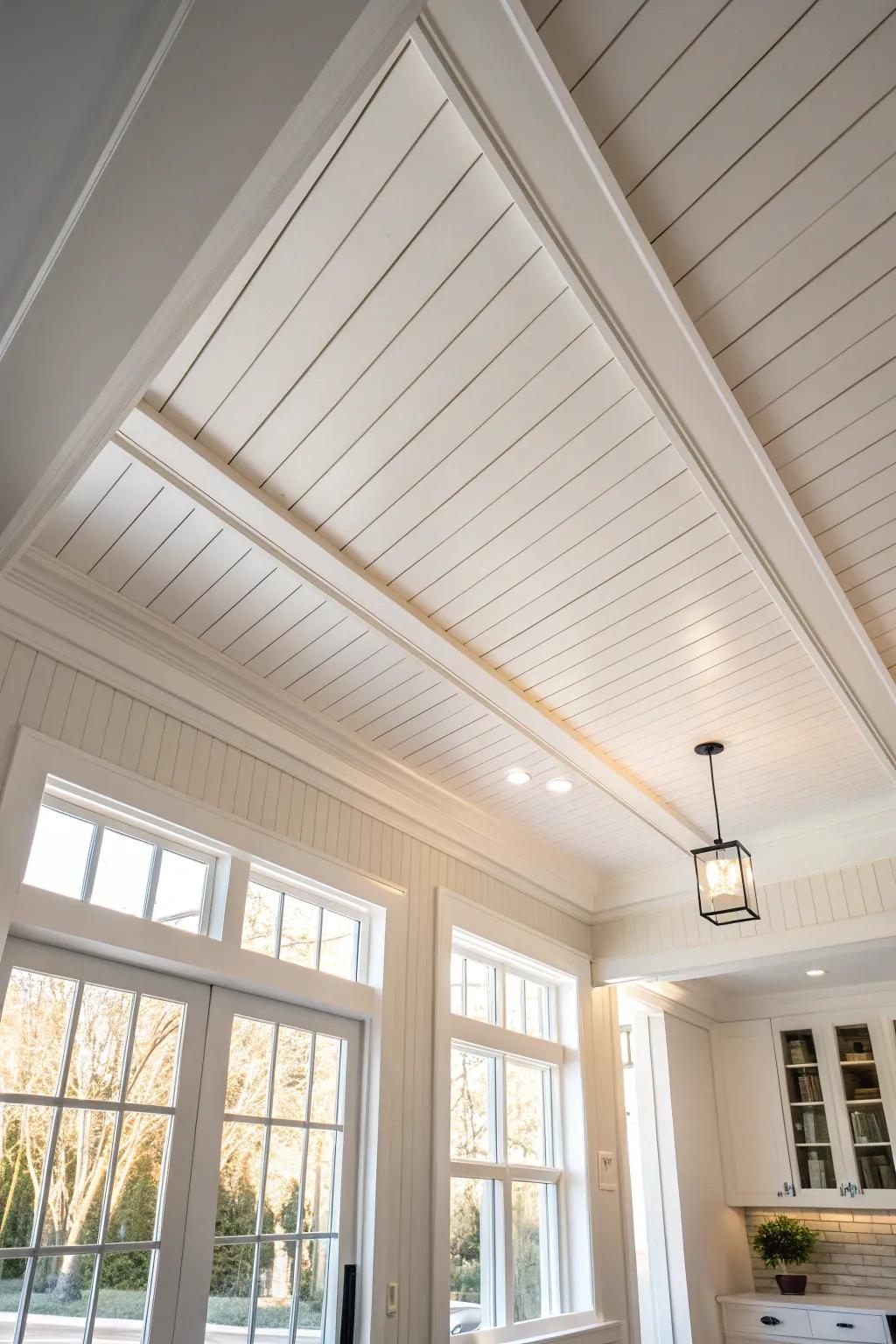 Skinny battens + tight spacing give a modern board-and-batten ceiling with warm, tailored charm.