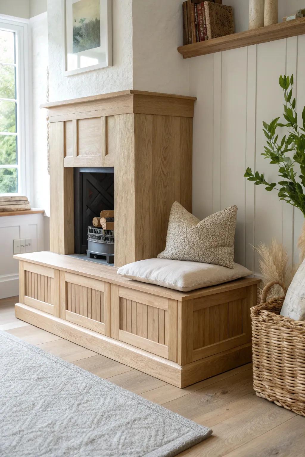 Raised oak hearth in matching board-and-batten cladding for a clean, architectural fireplace look.