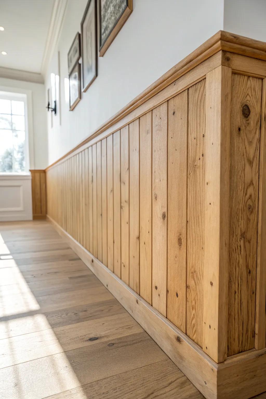 Wide spacing creates calm board-and-batten wainscoting—farmhouse ease with reclaimed wood texture.