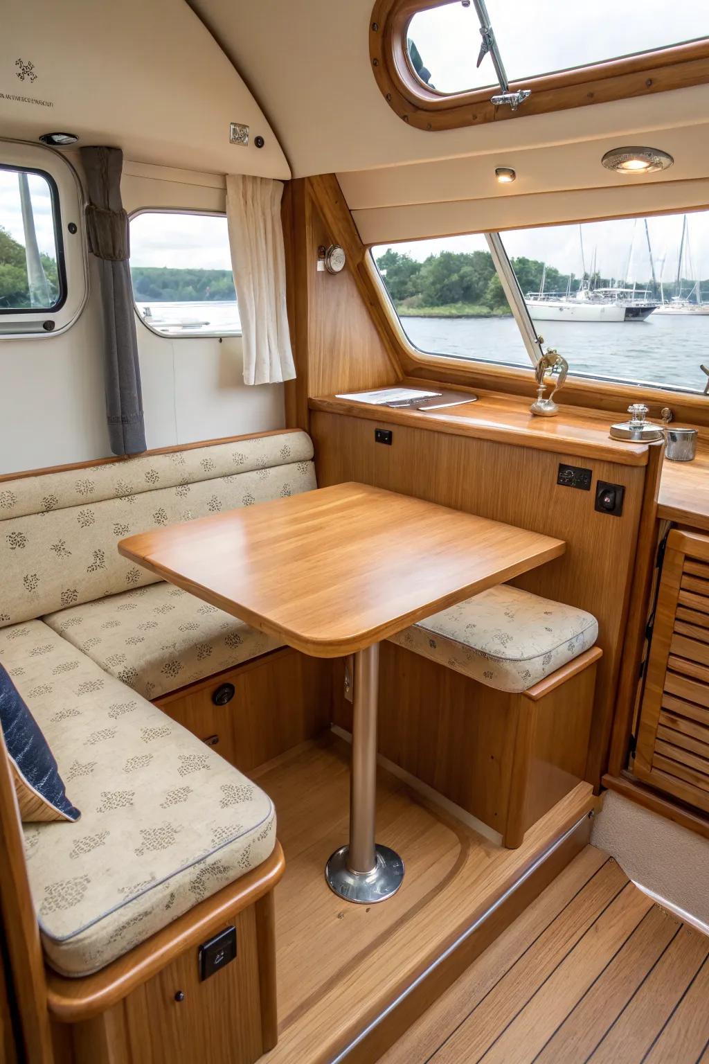 Space-saving drop-down bulkhead table—handcrafted warmth for coffee, cards, or laptop at anchor.