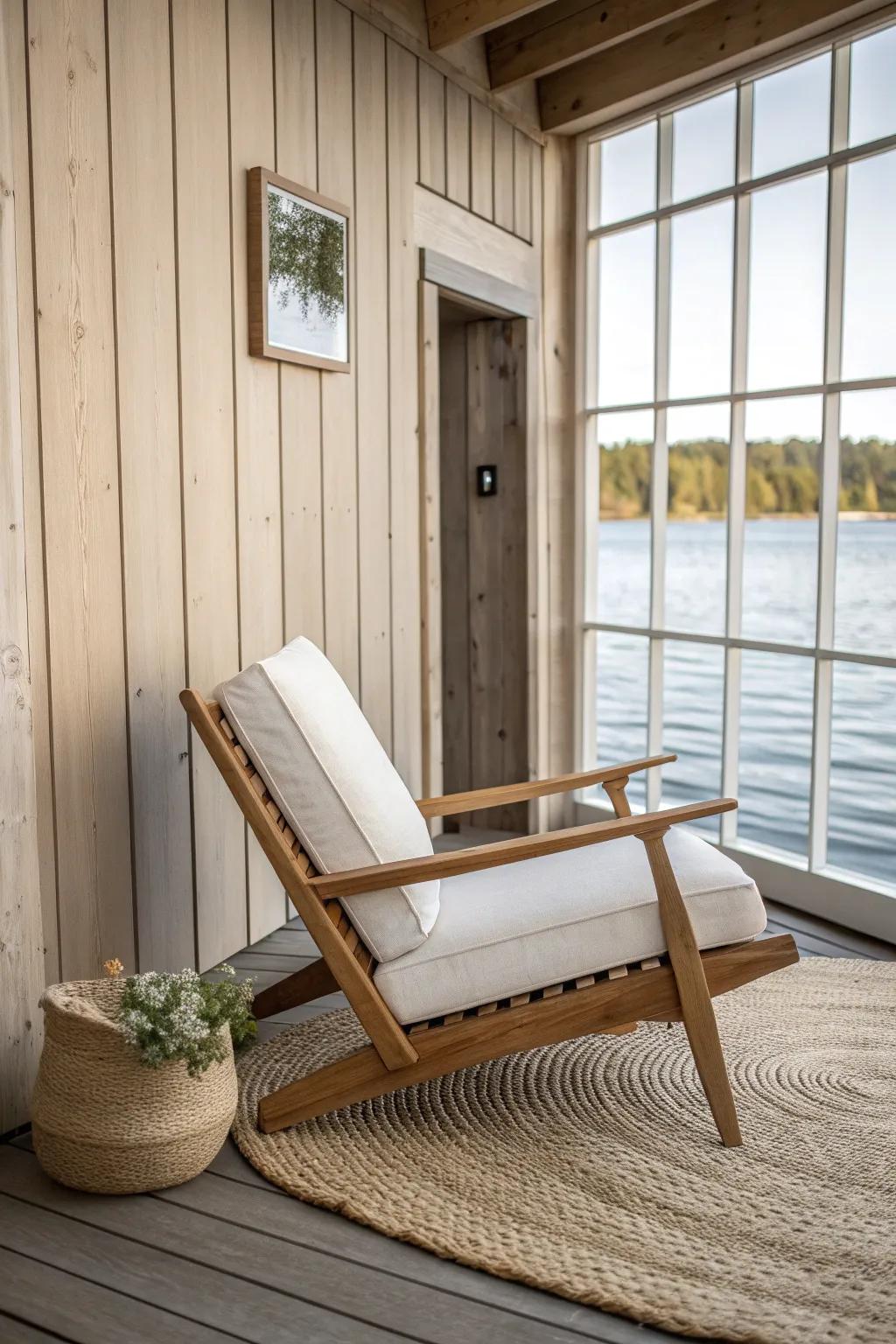 A cozy boathouse lounge nook—teak chair, soft outdoor cushions, and calm waterside light.