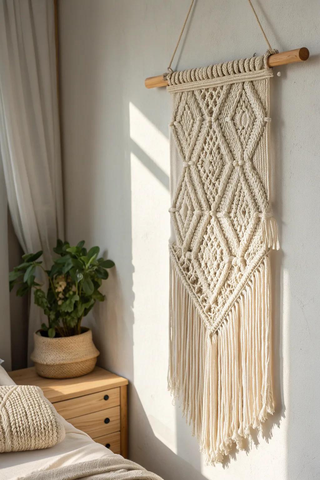 An oversized macramé wall hanging adds soft boho texture and cozy contrast in seconds.