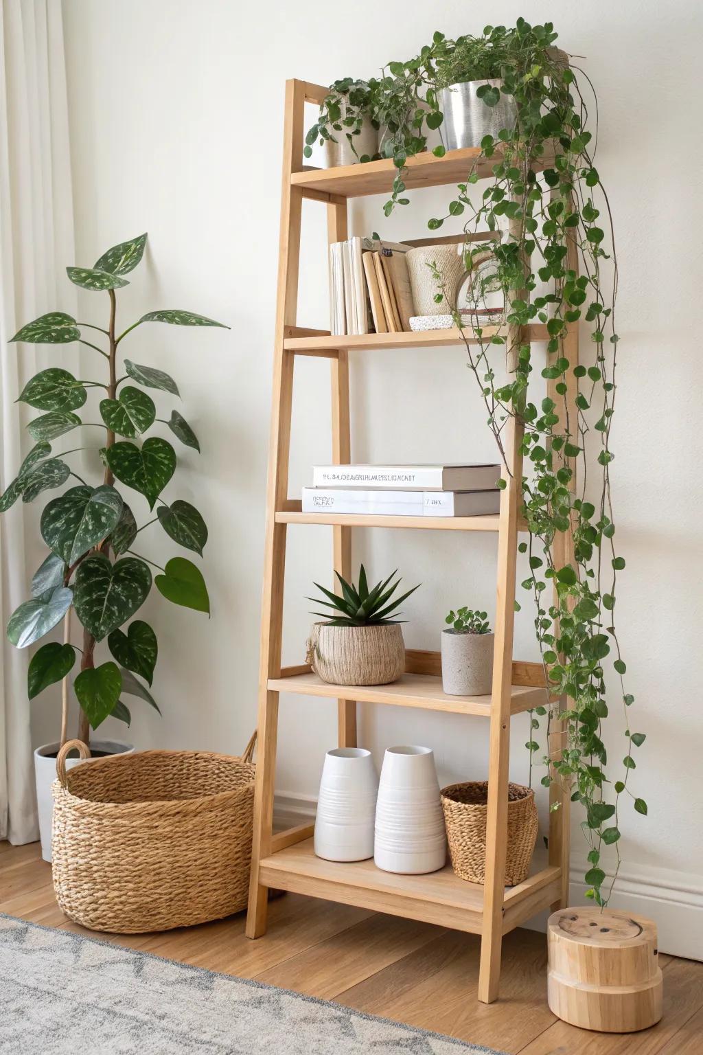 Plant-forward boho bookshelf in warm oak—clean lines, trailing greenery, and pot-saving trays.