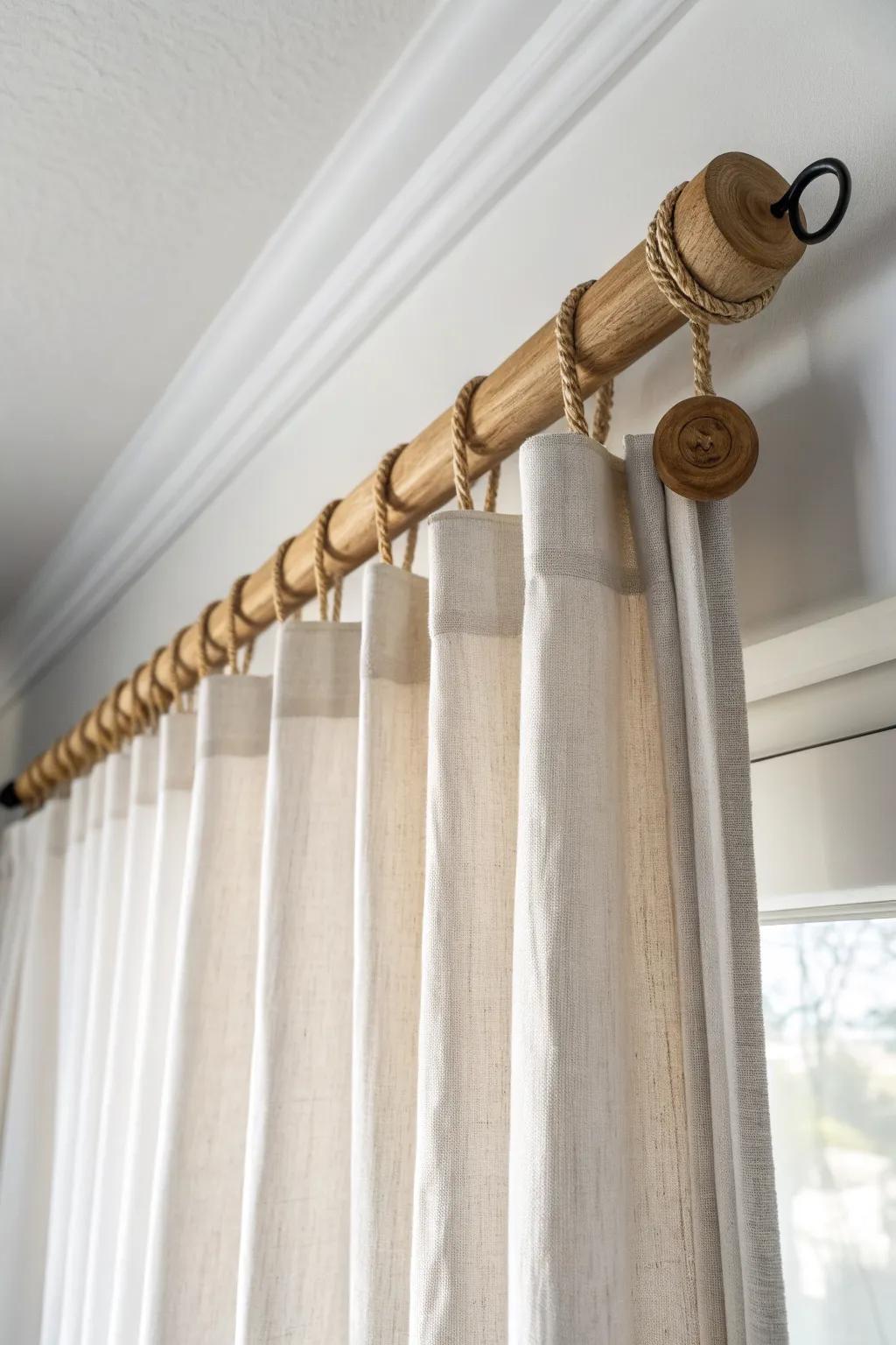 Ceiling-mounted oak rod + airy linen drape for a dramatic, floaty boho canopy feel.
