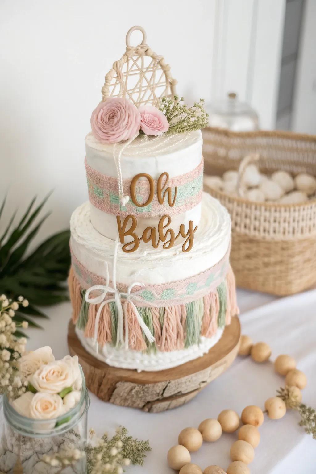 Add a personal touch to your boho diaper cake with custom tags—because every little detail matters!
