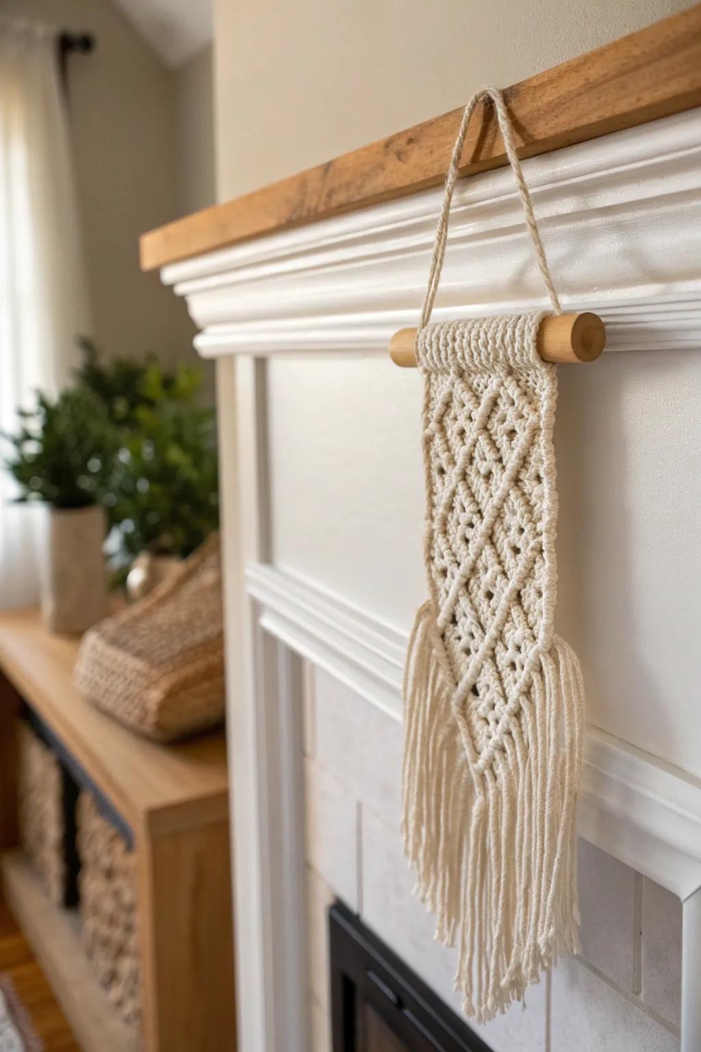 A petite macramé hanging adds boho texture beside the mantel—soft, minimal, and handcrafted.