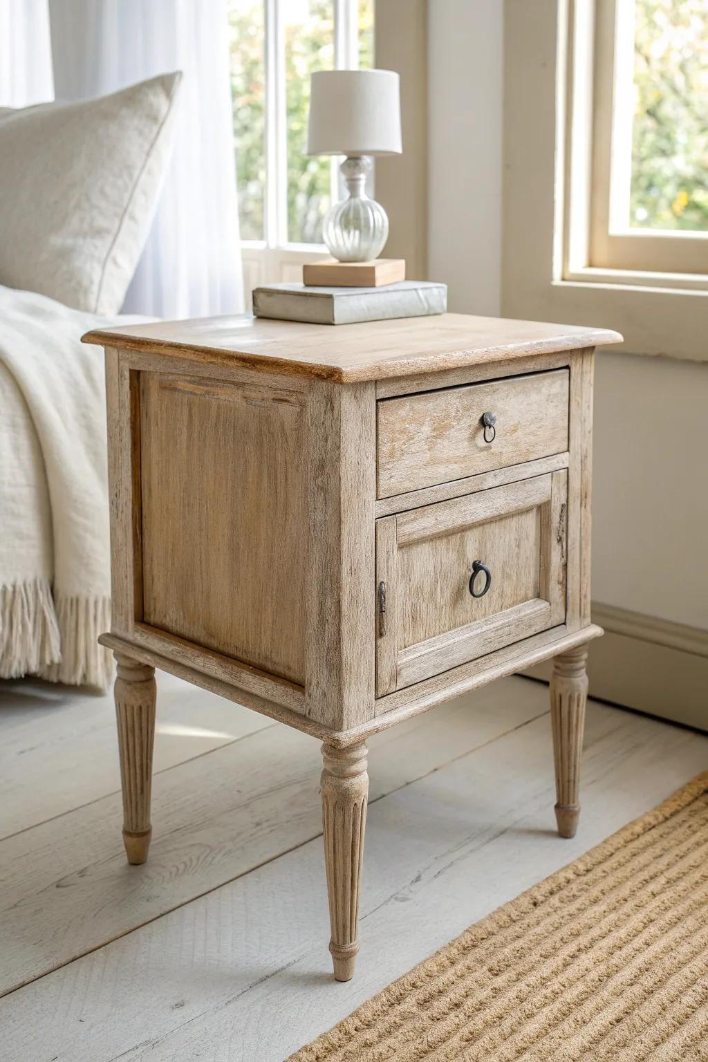 A thrifted wood nightstand with soft patina brings instant boho warmth and relaxed character.
