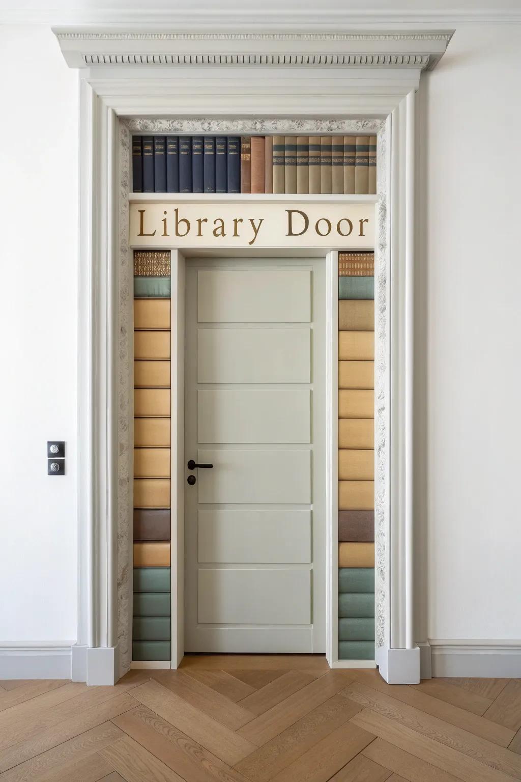 Turn a plain door into a chic library door with 3D book-spine molding and soft, moody tones.