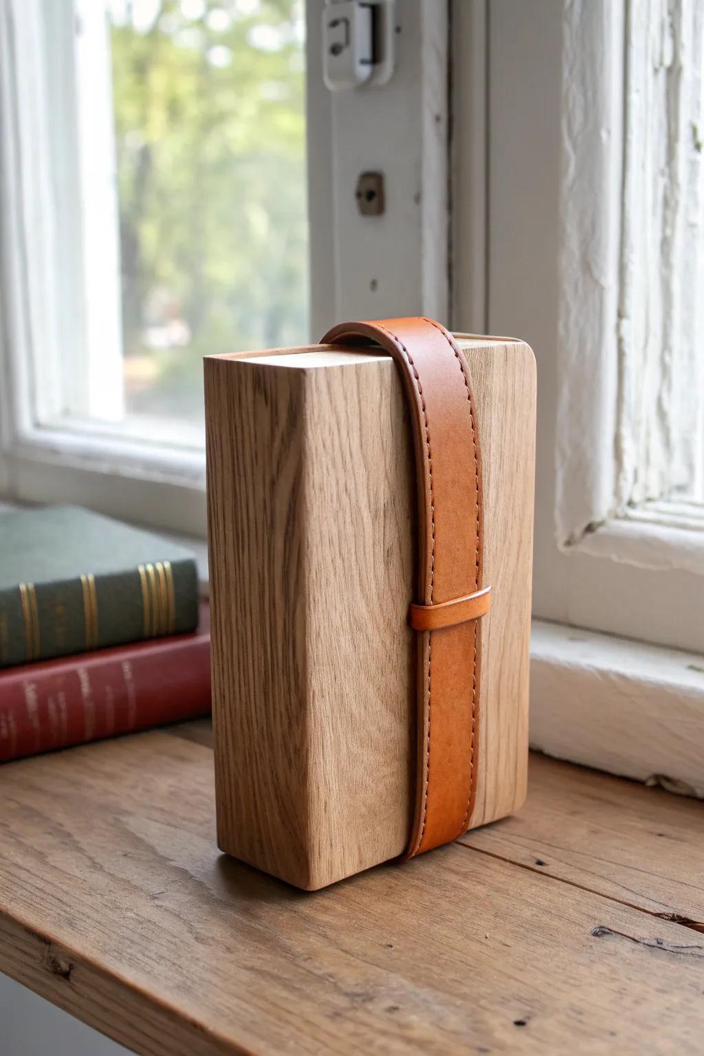 Warm oak wrapped in smooth tan leather—tailored, cozy bookends with a minimalist vibe.