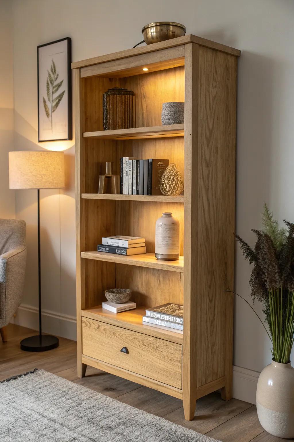 Dim the glow on your wooden bookcase for calm, day-to-night styling and cozy evening warmth.