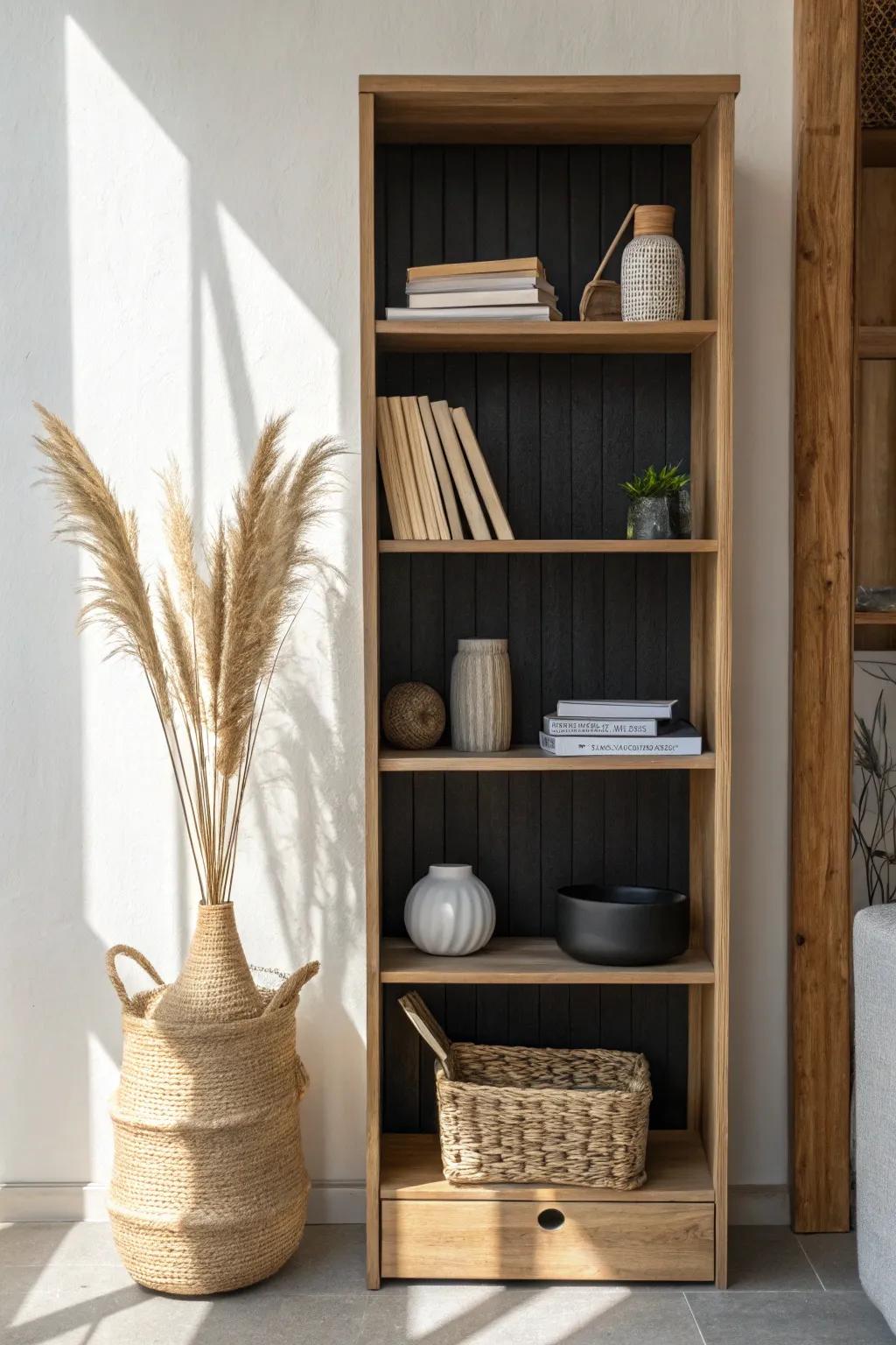 A dark wood backing adds instant contrast—making your bookshelf look styled, warm, and intentional.
