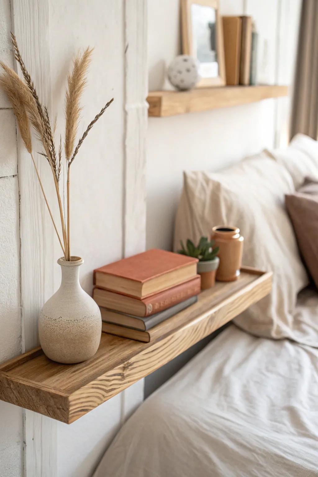 Minimal wooden book ledge styling—calm bedroom shelf with cover-forward books and soft boho.