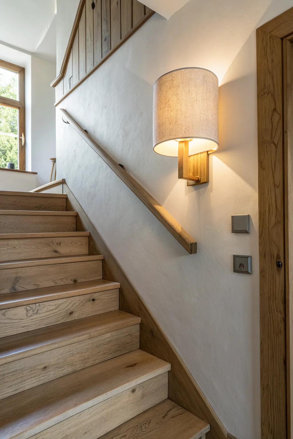 A warm oak wall sconce instantly turns the bottom of the stairs into a cozy welcome zone.